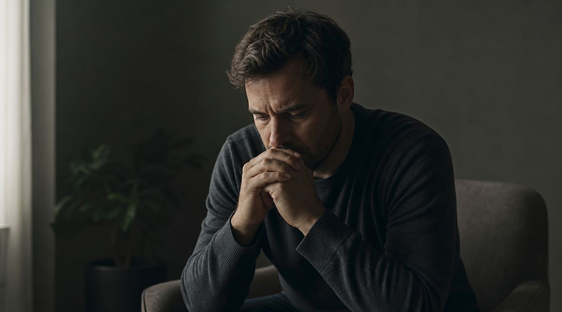 A distressed man sits alone in a chair with his hands clasped, appearing deep in thought.