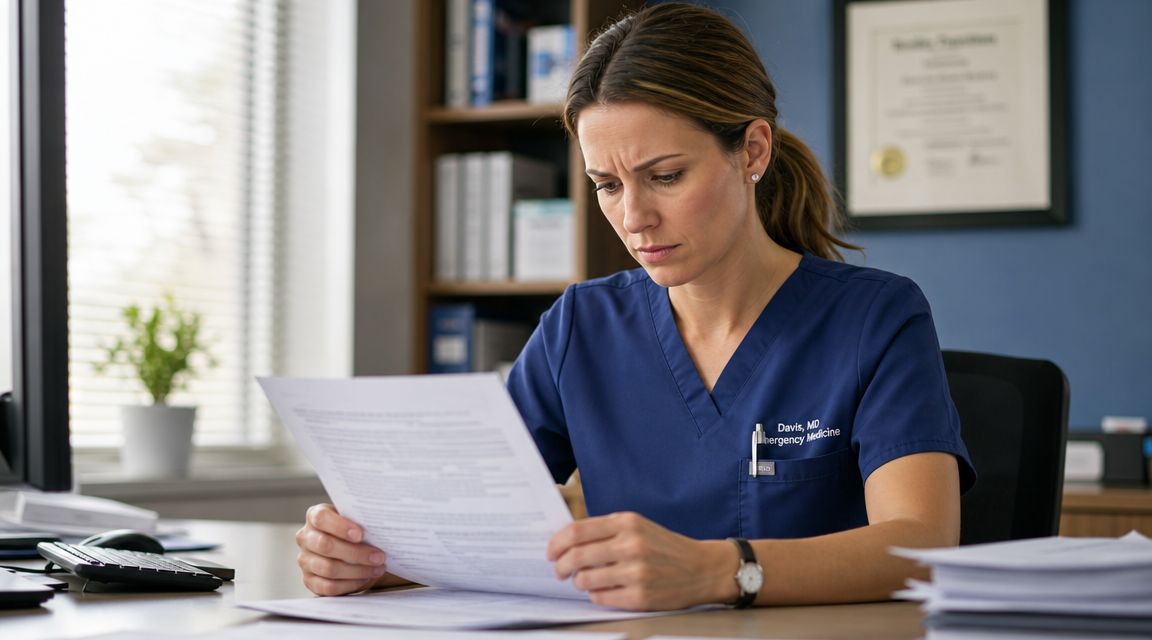 A focused doctor reviewing paperwork while sitting at her desk in a medical office setting.
