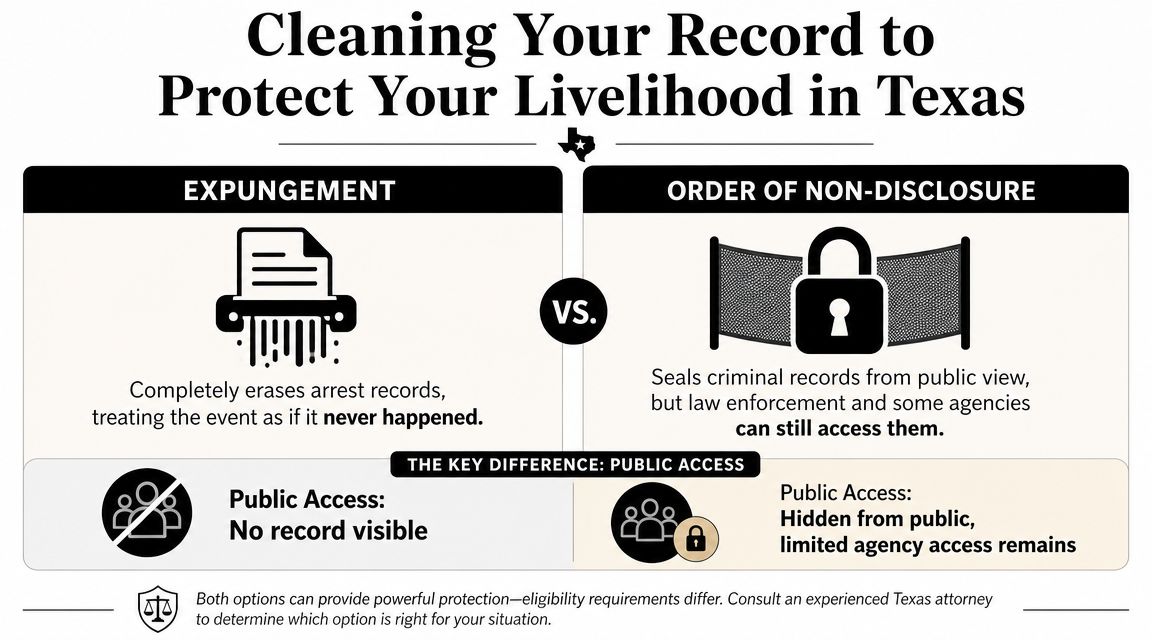 An infographic comparing expungement and orders of non-disclosure for cleaning criminal records in Texas.