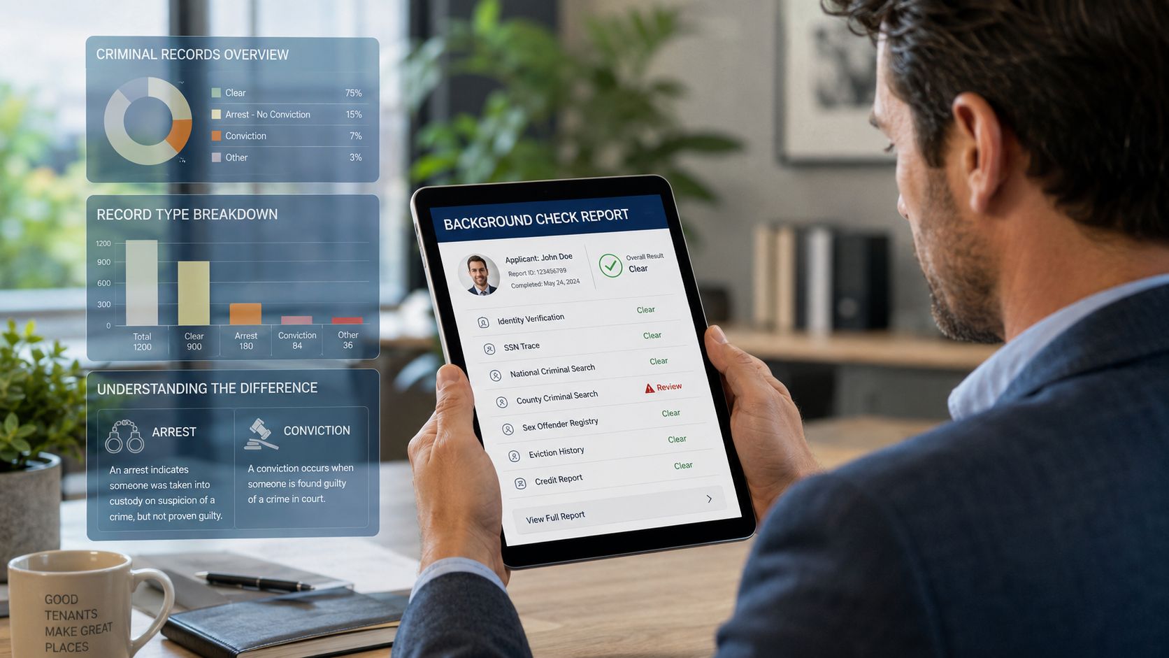 A man in a suit holding a tablet displaying a professional background check report in an office.
