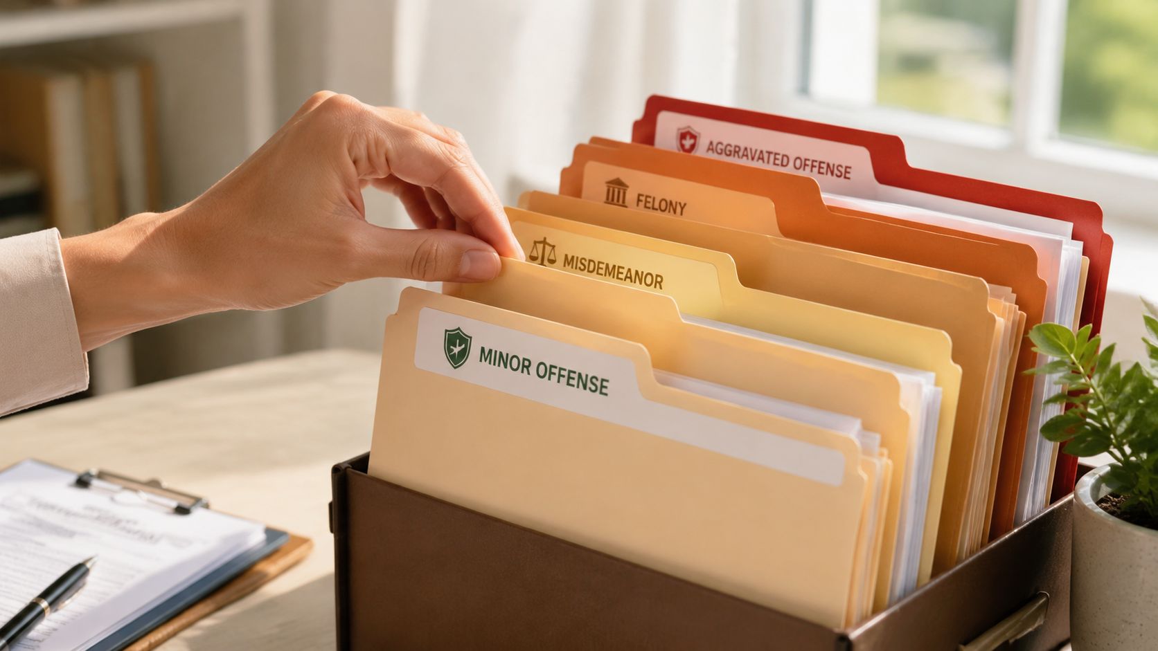 A person selecting a folder labeled Minor Offense from a filing box containing various legal document categories.