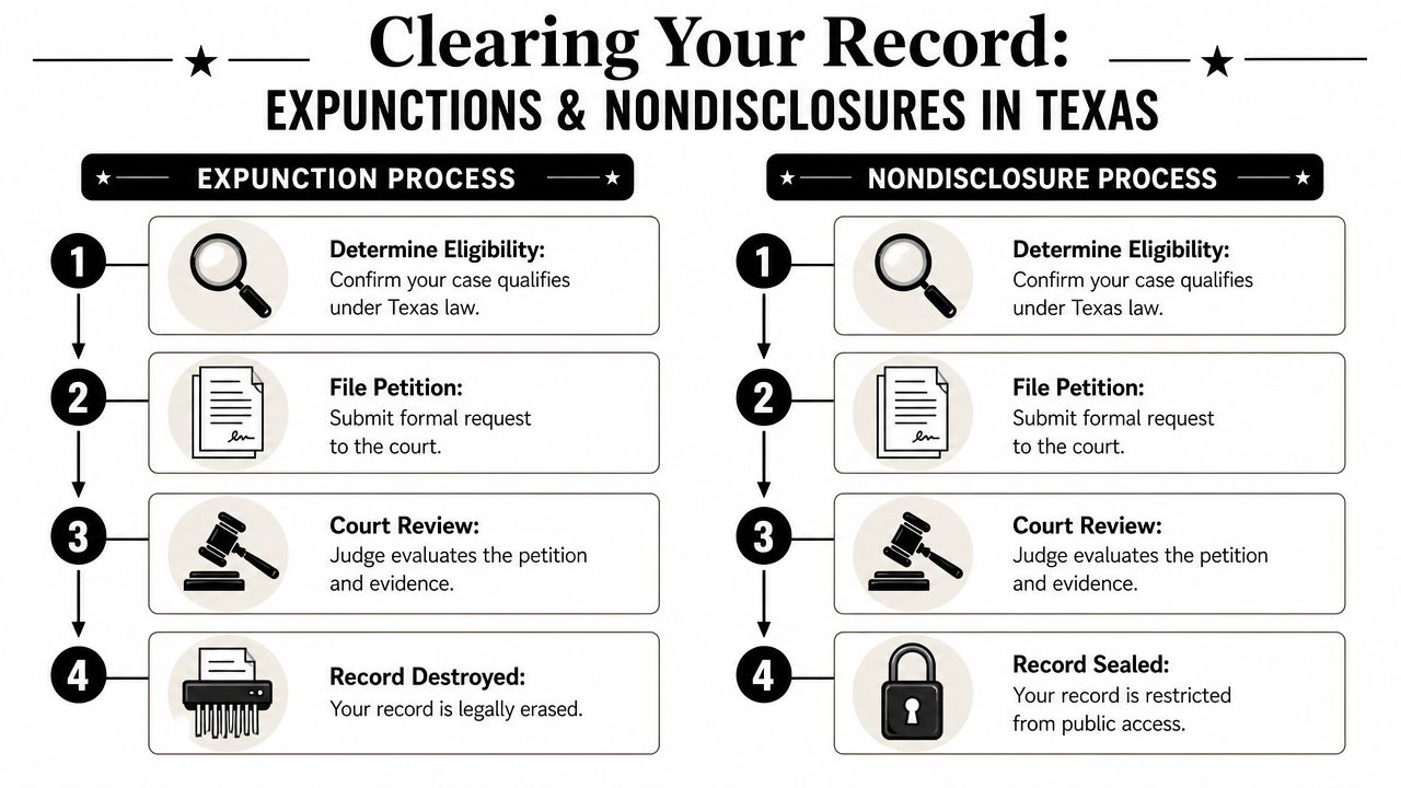 A flowchart comparing the four-step expunction and nondisclosure legal processes for clearing criminal records in Texas.