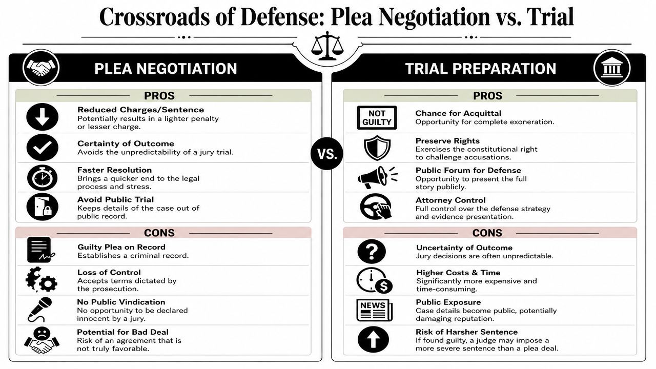 A comparison chart outlining the pros and cons of choosing plea negotiation versus trial preparation in criminal defense.