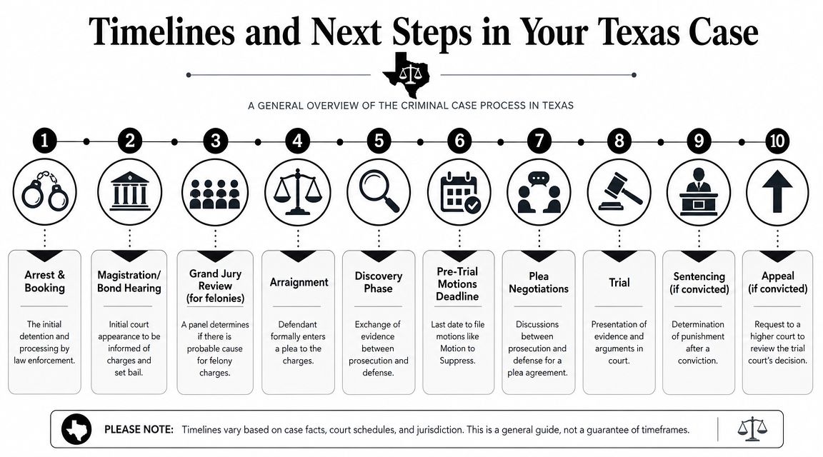 An infographic showing the ten steps of the criminal case process in the Texas court system.