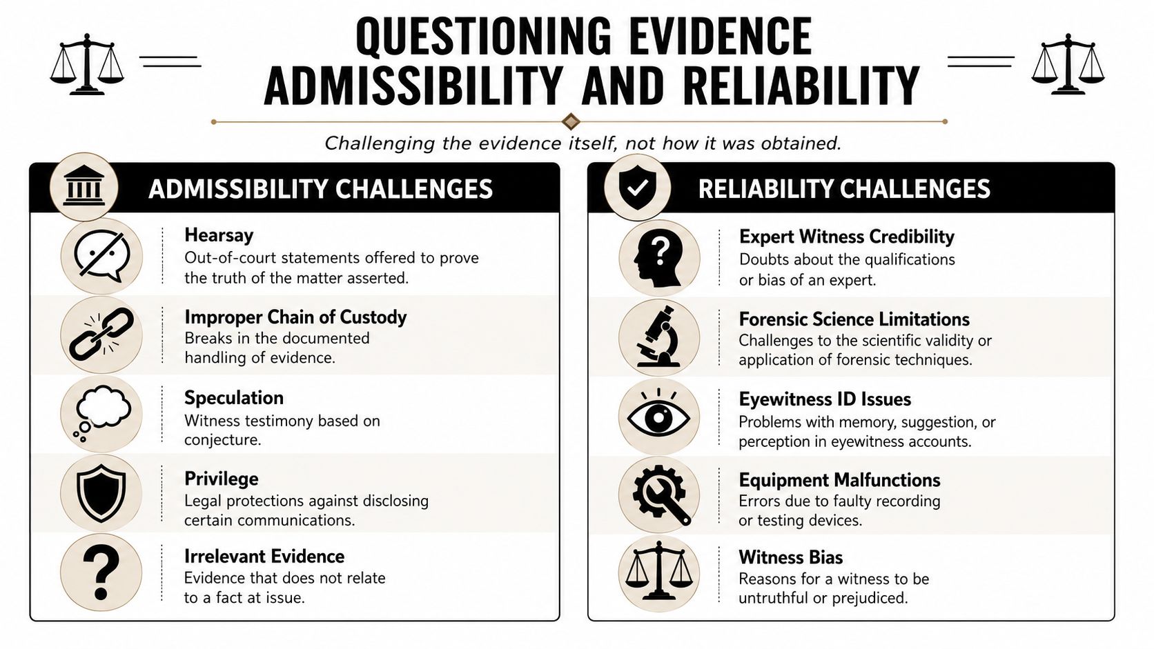 A legal infographic illustrating the differences between admissibility and reliability challenges for evidence in court proceedings.