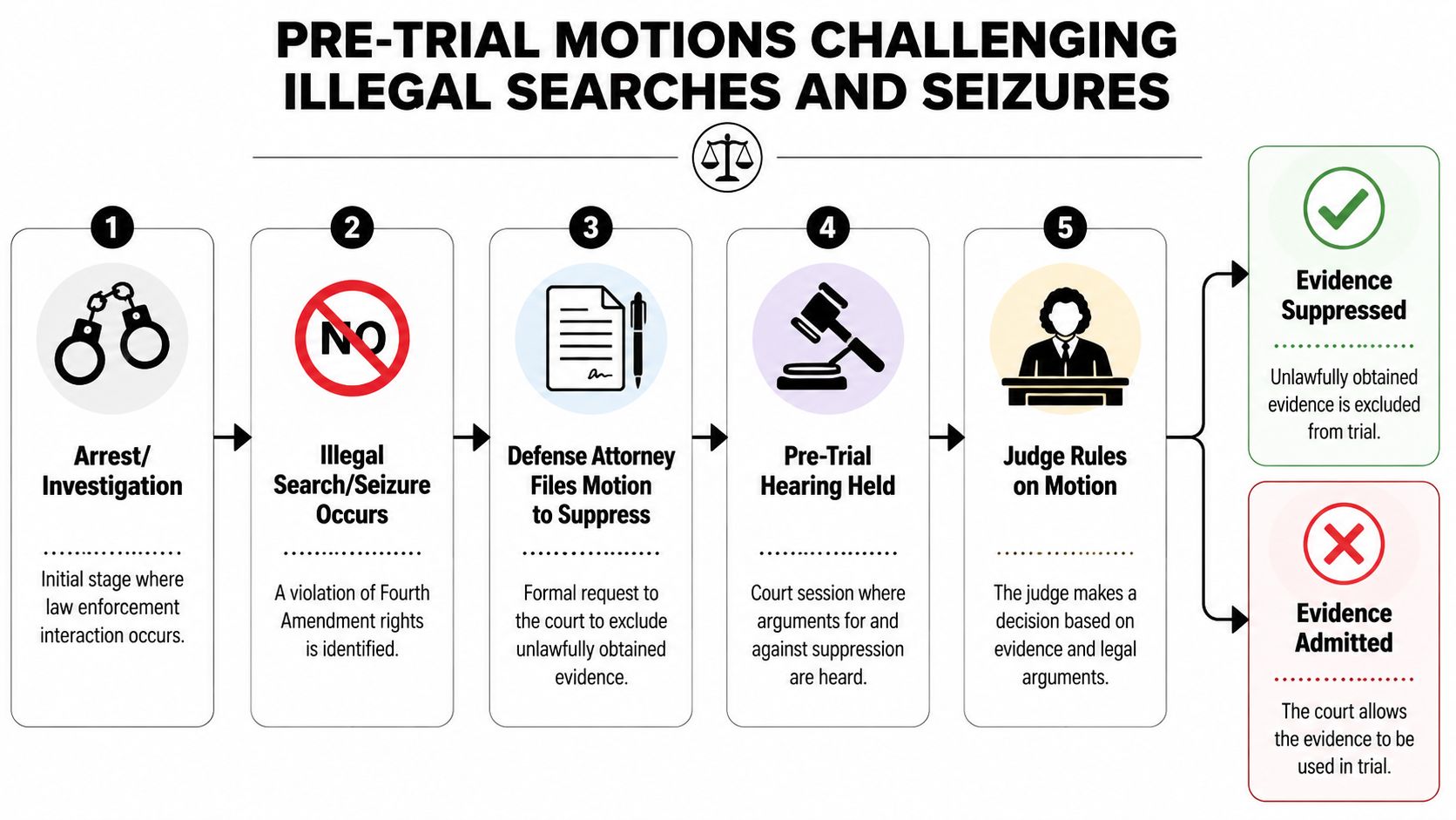 A flowchart explaining the legal process of challenging illegal searches and seizures in criminal cases.