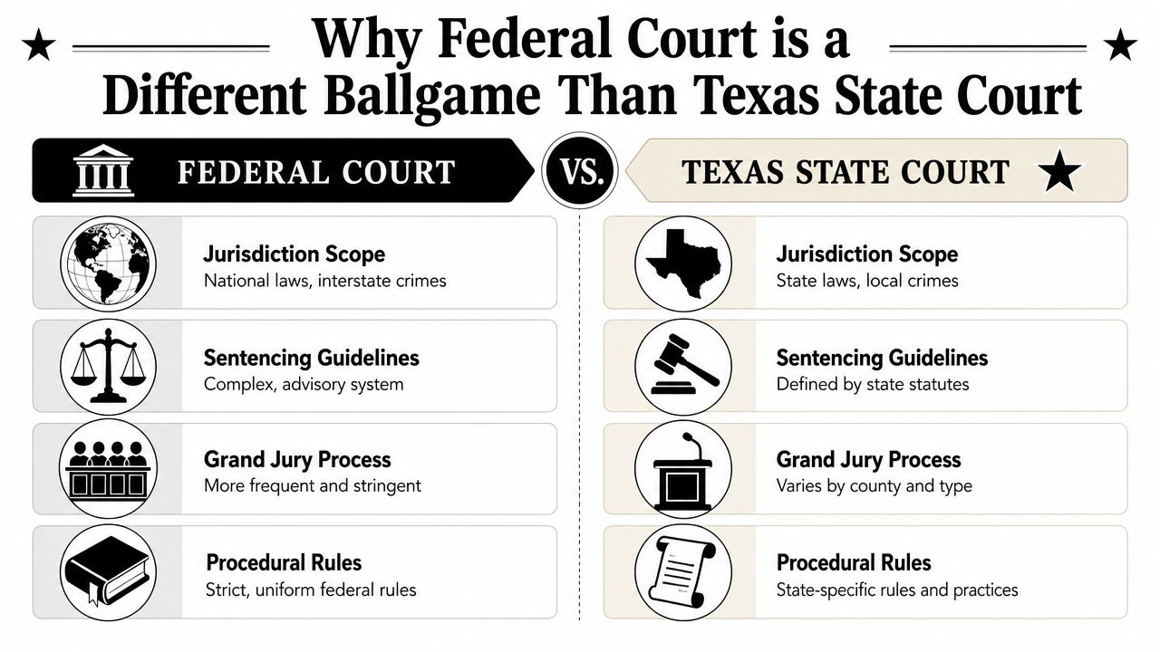 A comparison chart outlining key differences between federal courts and Texas state courts legal systems.