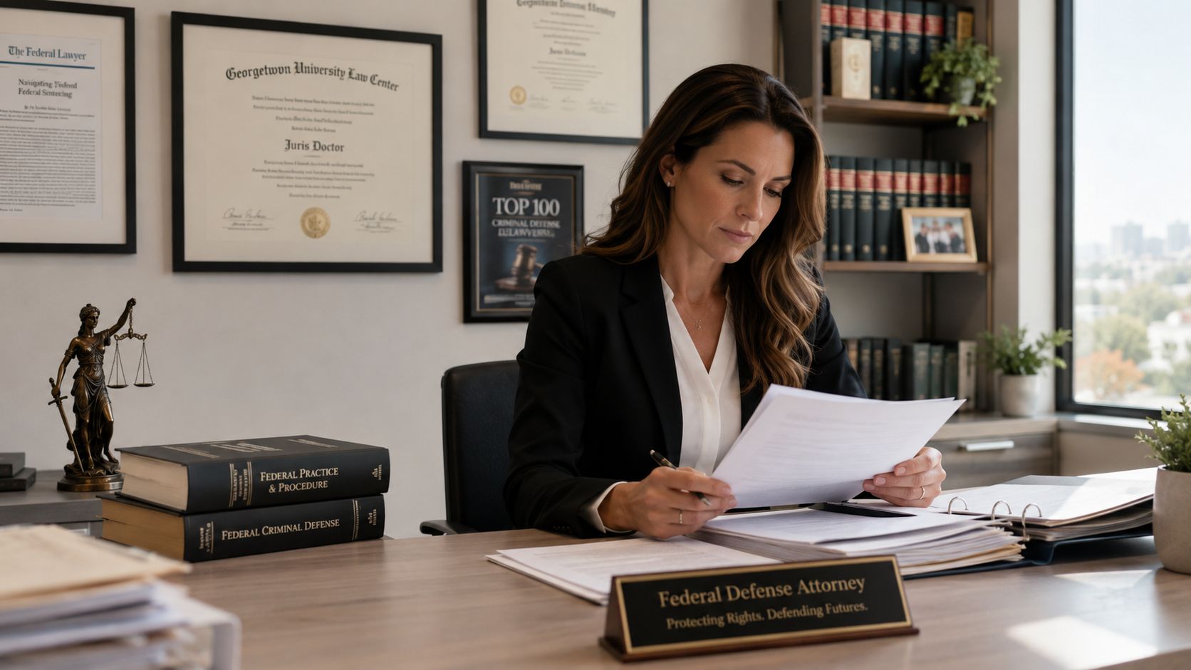 A professional female attorney sits at her desk reviewing legal documents in her law office.