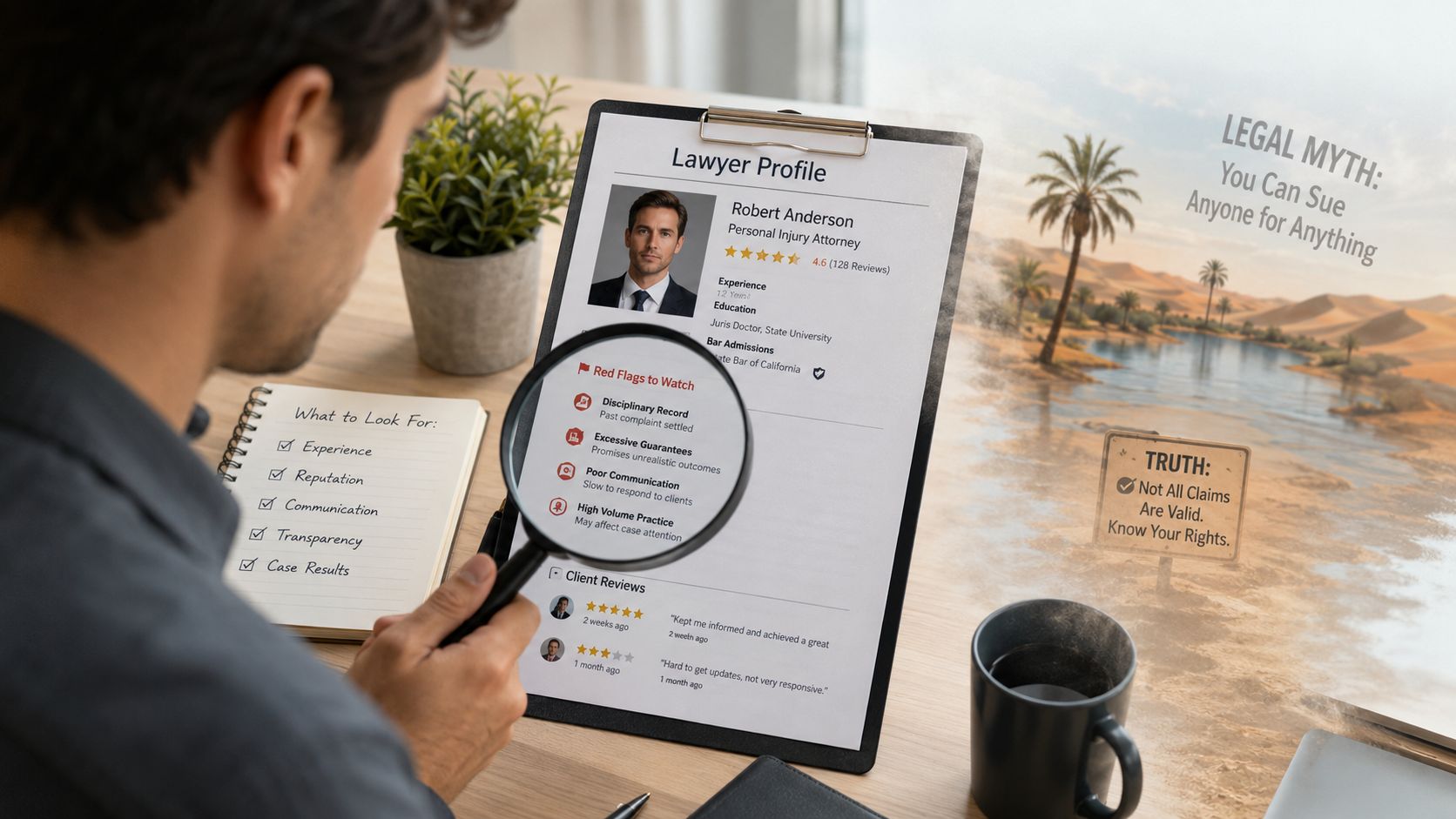 A person using a magnifying glass to review a lawyer profile document on a clipboard at desk.