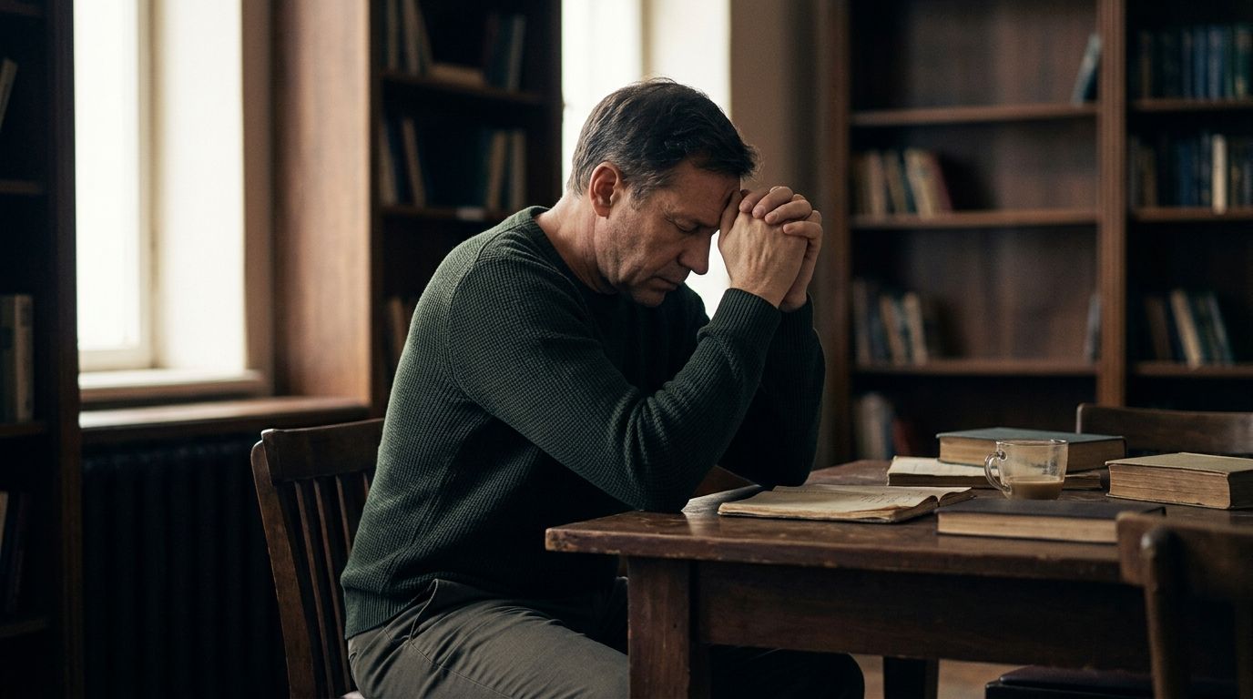A middle-aged man sitting at a wooden desk with his hands clasped, appearing deep in thought or prayer.