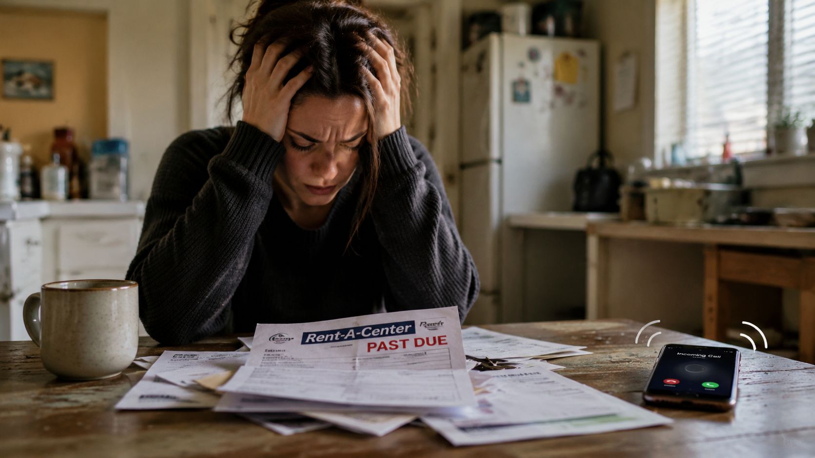 A distressed woman holding her head while sitting at a kitchen table covered in unpaid debt notices.