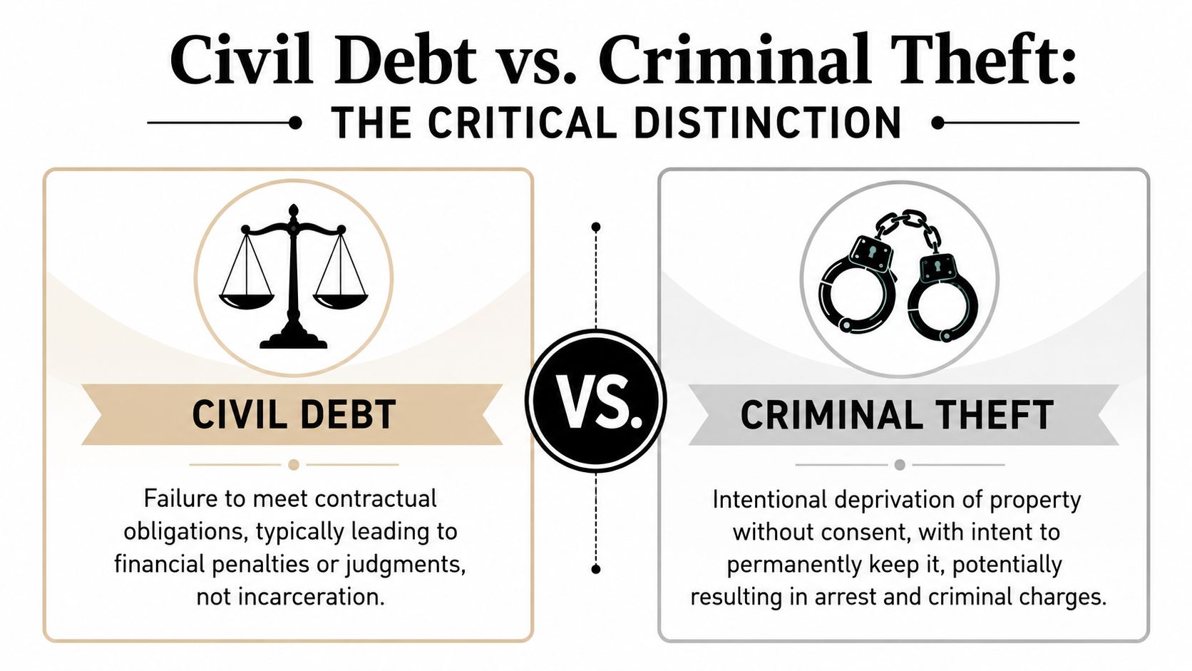 An infographic comparing civil debt and criminal theft, explaining their differences in legal consequences and definitions.