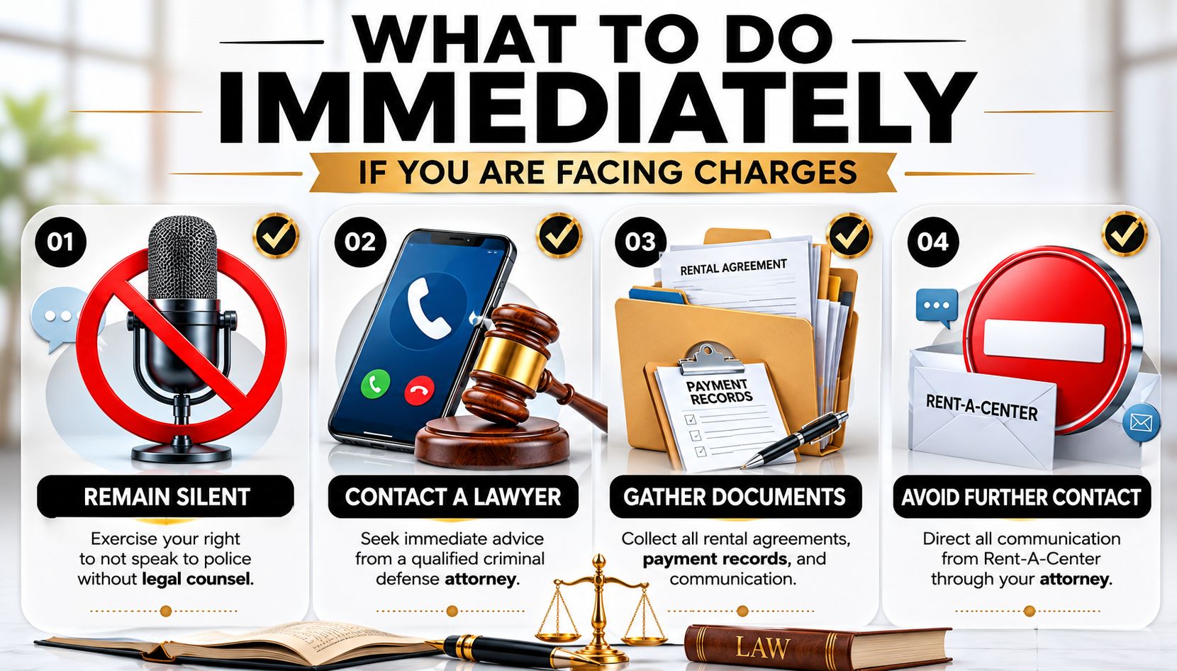 A legal guide infographic on four steps to take immediately if you are facing criminal charges.