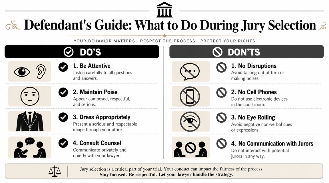 A visual guide for defendants illustrating proper etiquette and behaviors to maintain during the jury selection process.