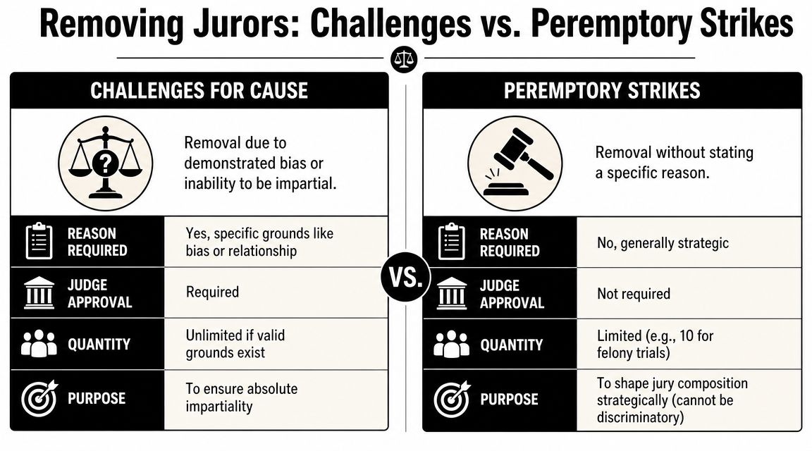 A comparison chart explaining the differences between challenges for cause and peremptory strikes in jury selection.