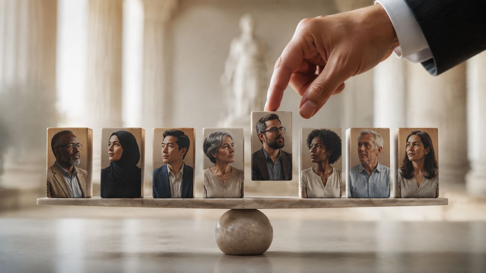 A hand places a person's photo block on a scale representing the jury selection process in court.