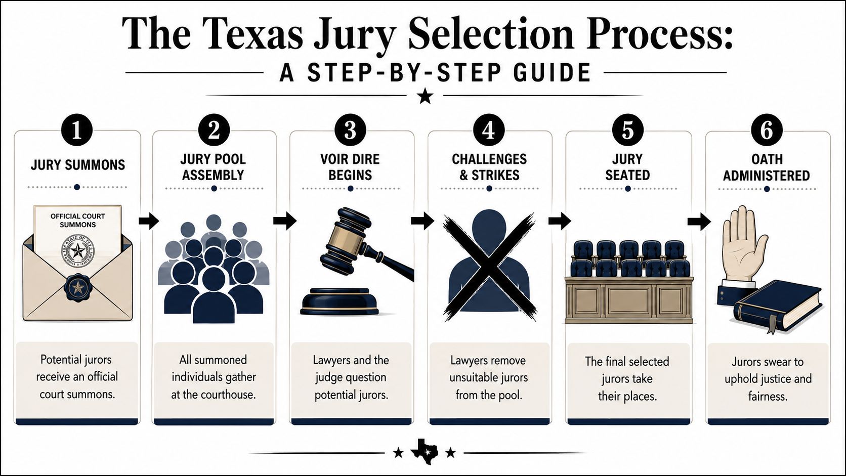 A six-step infographic detailing the Texas jury selection process from receiving a summons to swearing the oath.