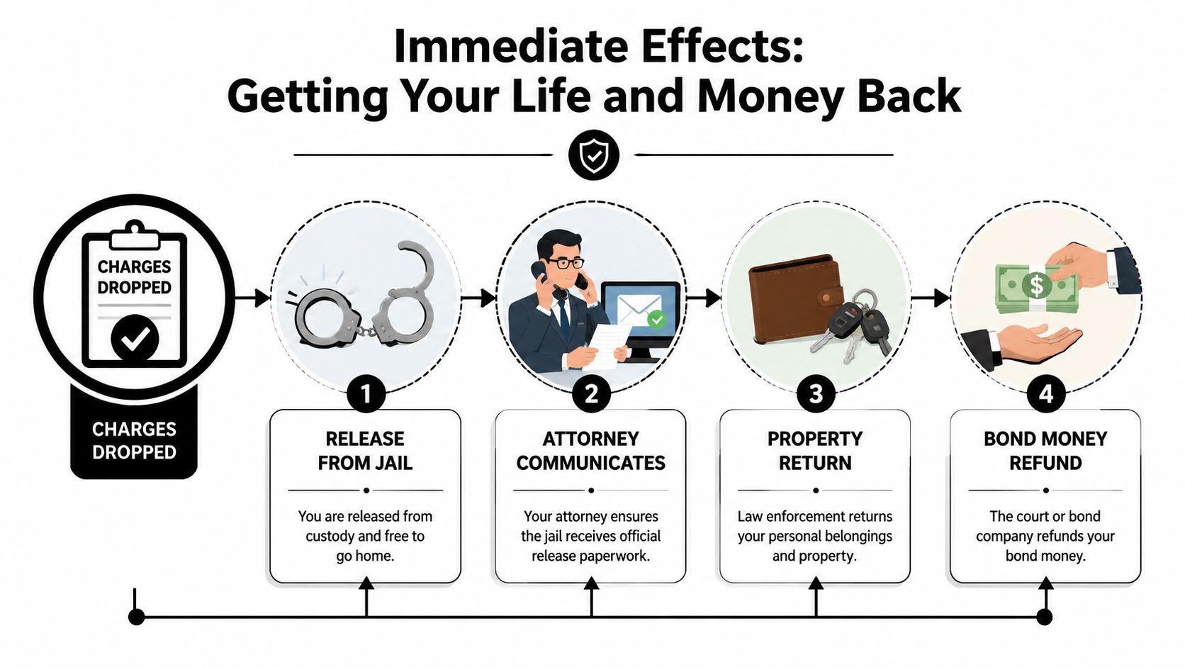 An infographic illustrating the four immediate steps that occur after criminal charges are dropped.