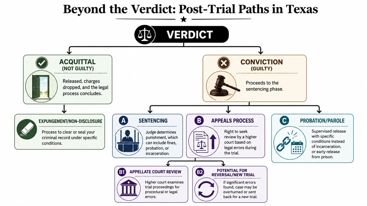 A flowchart explaining the potential legal outcomes and processes following a criminal trial verdict in Texas.
