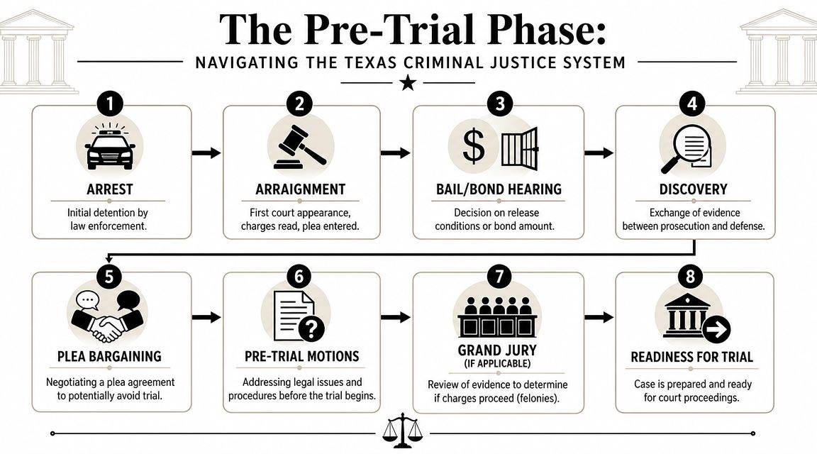 A flowchart detailing the eight steps of the pre-trial phase in the Texas criminal justice system.