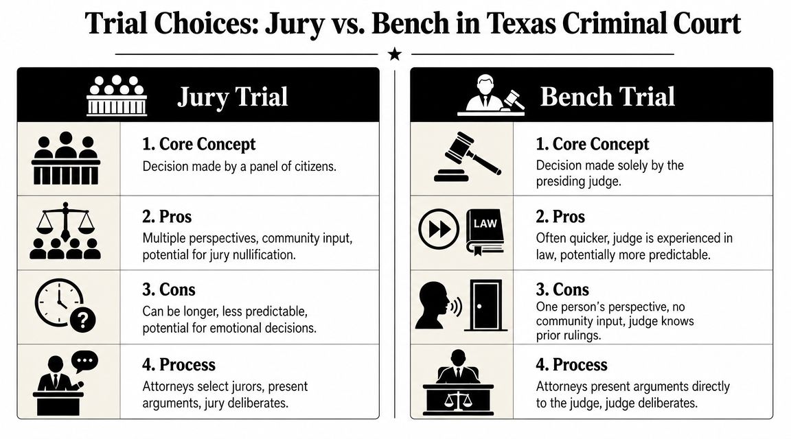 A comparison chart outlining the core concepts, pros, cons, and processes of jury versus bench trials.