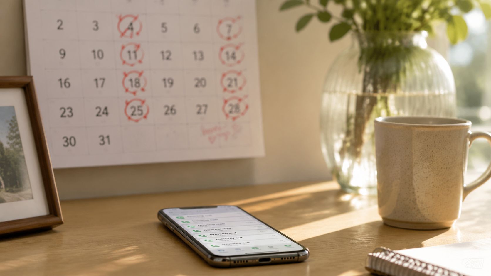 A smartphone on a wooden desk next to a calendar with circled dates, a mug, and a plant.