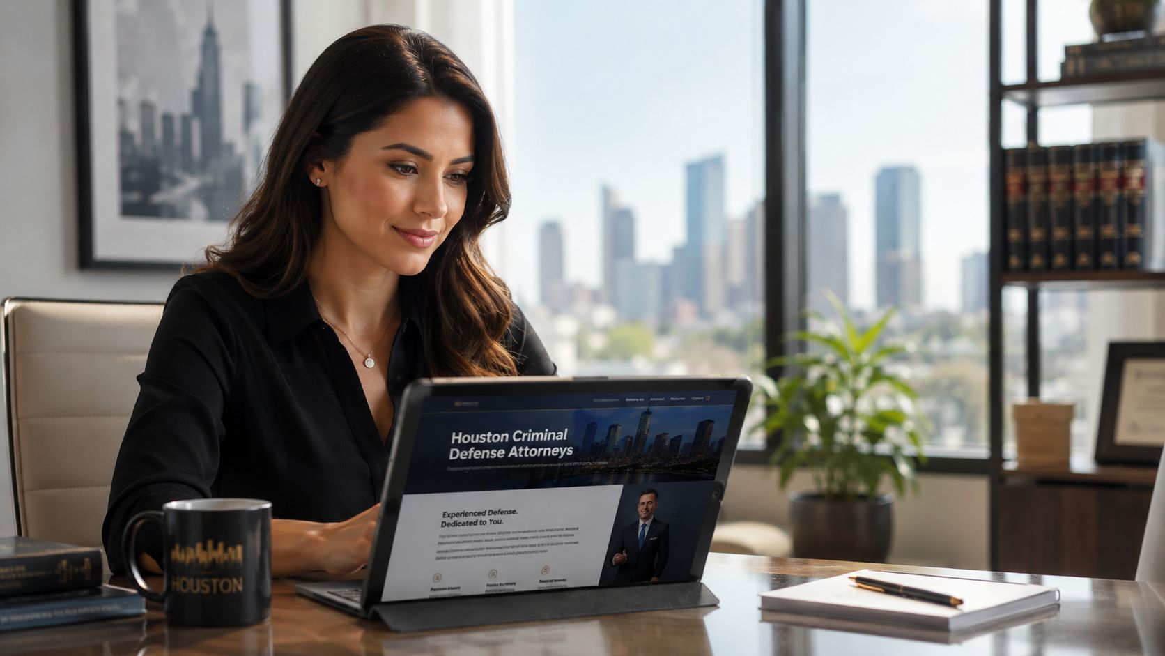 A professional female attorney reviews a Houston criminal defense law firm website on her tablet in an office.