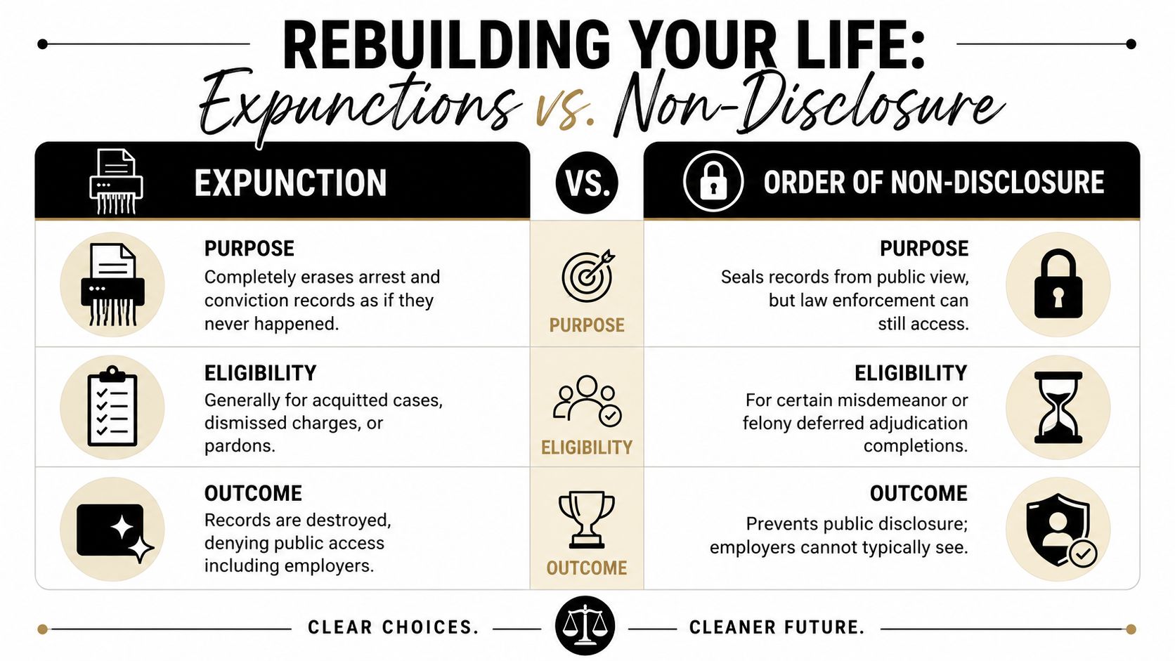 An infographic comparing expunction and order of non-disclosure for legal record clearing and background check management.