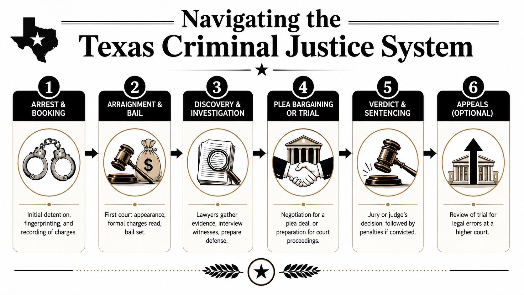 An infographic illustrating the six key steps of the Texas criminal justice process from arrest to appeals.