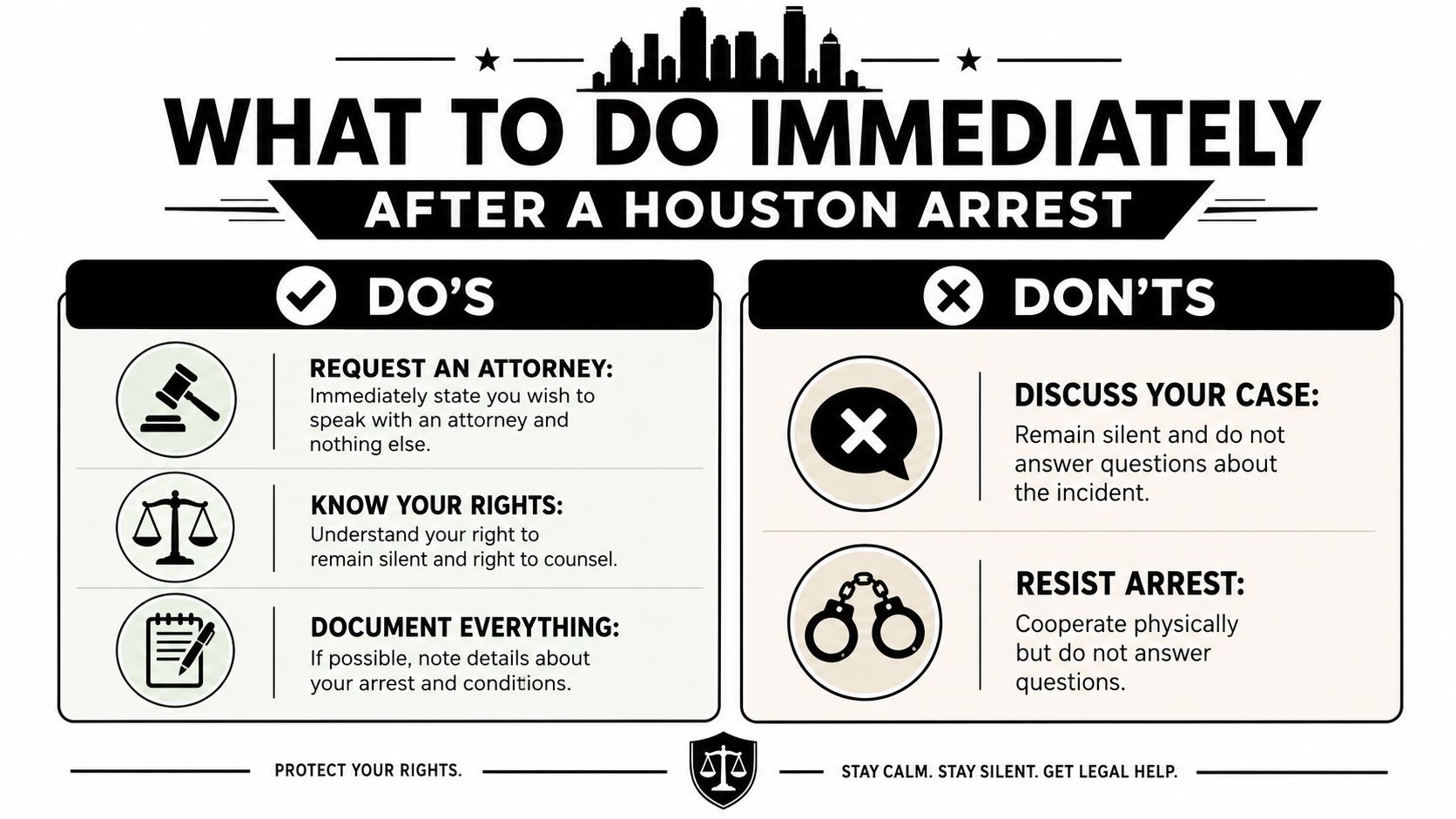 An infographic detailing the do's and don'ts for individuals immediately after being arrested in Houston.