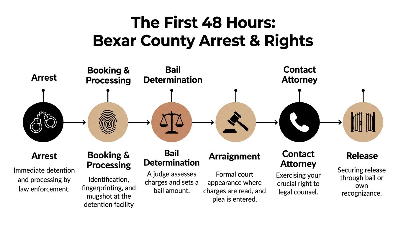 An infographic detailing the legal steps and rights for an individual during the first 48 hours of arrest.