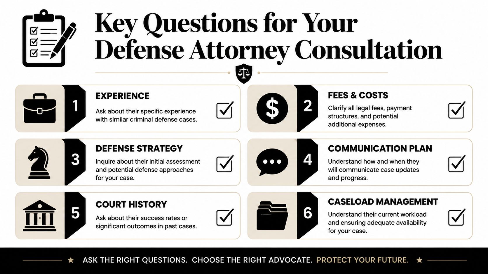 A checklist showing six essential questions to ask a criminal defense lawyer during an initial consultation.