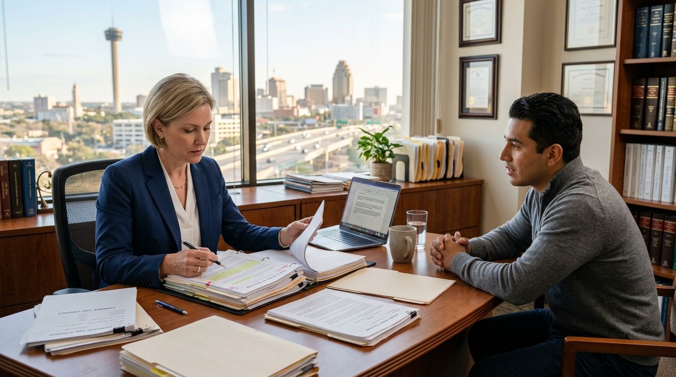 A professional criminal defense lawyer in San Antonio reviews legal documents with a client in her office.