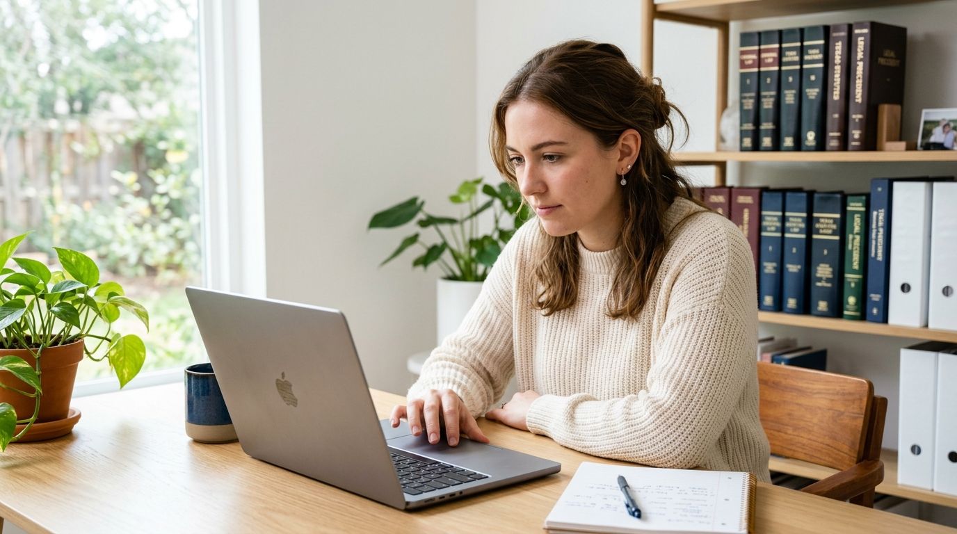 A professional woman working on a laptop at a desk in a home office setting.