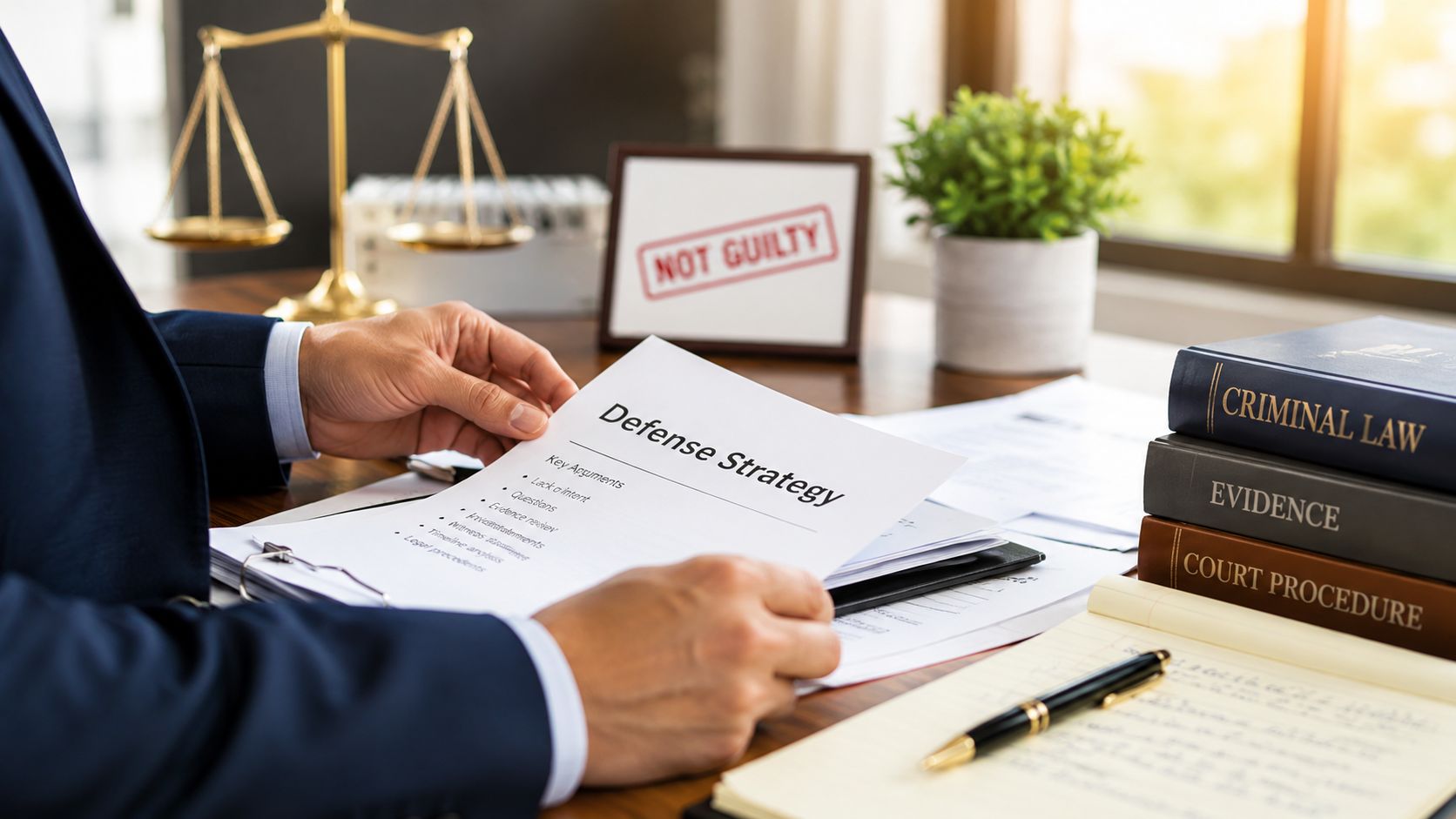 A defense attorney reviews a legal strategy document on a desk with law books and a gavel.
