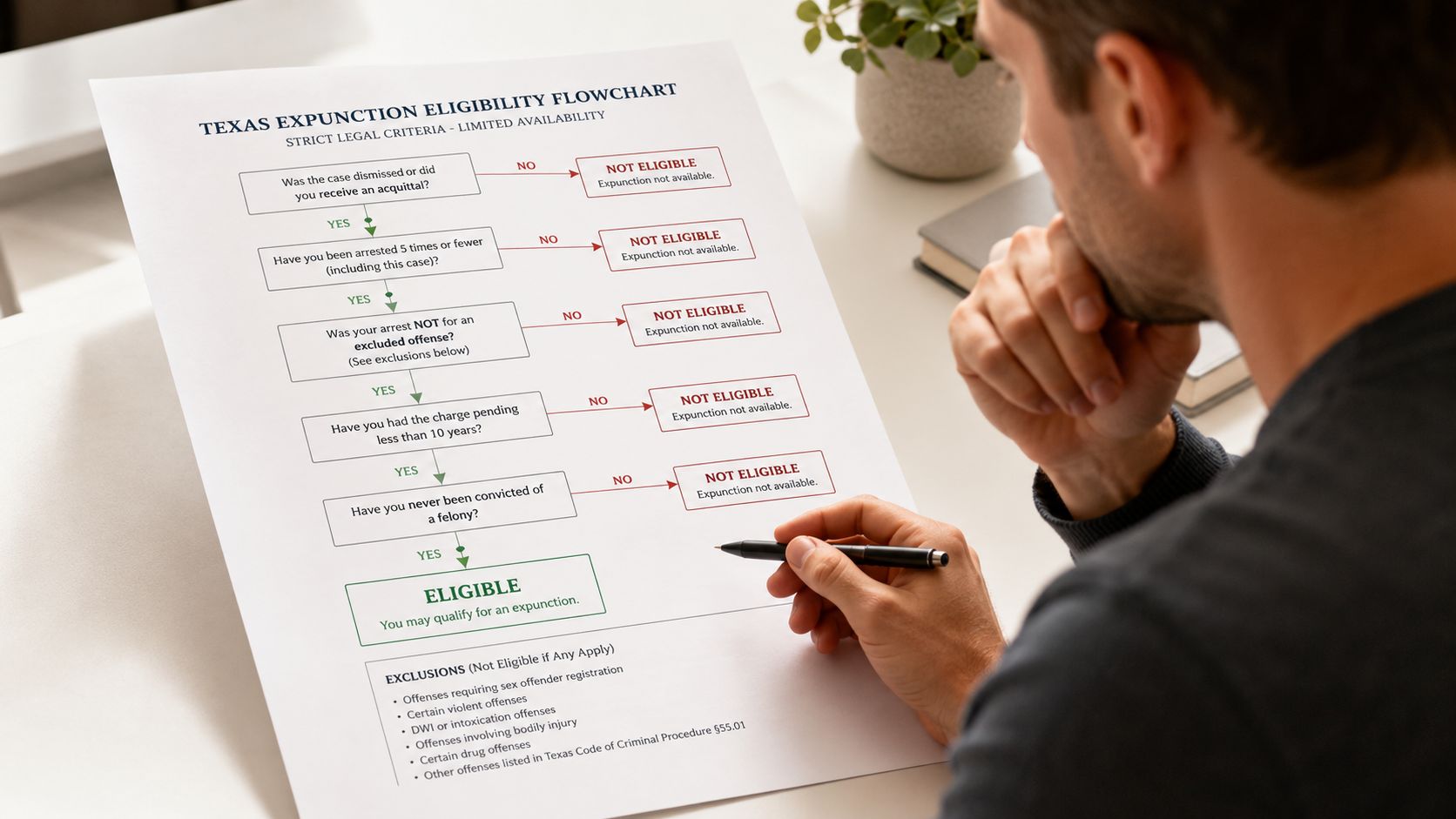 A man examines a Texas expunction eligibility flowchart while holding a pen to assess his legal options.