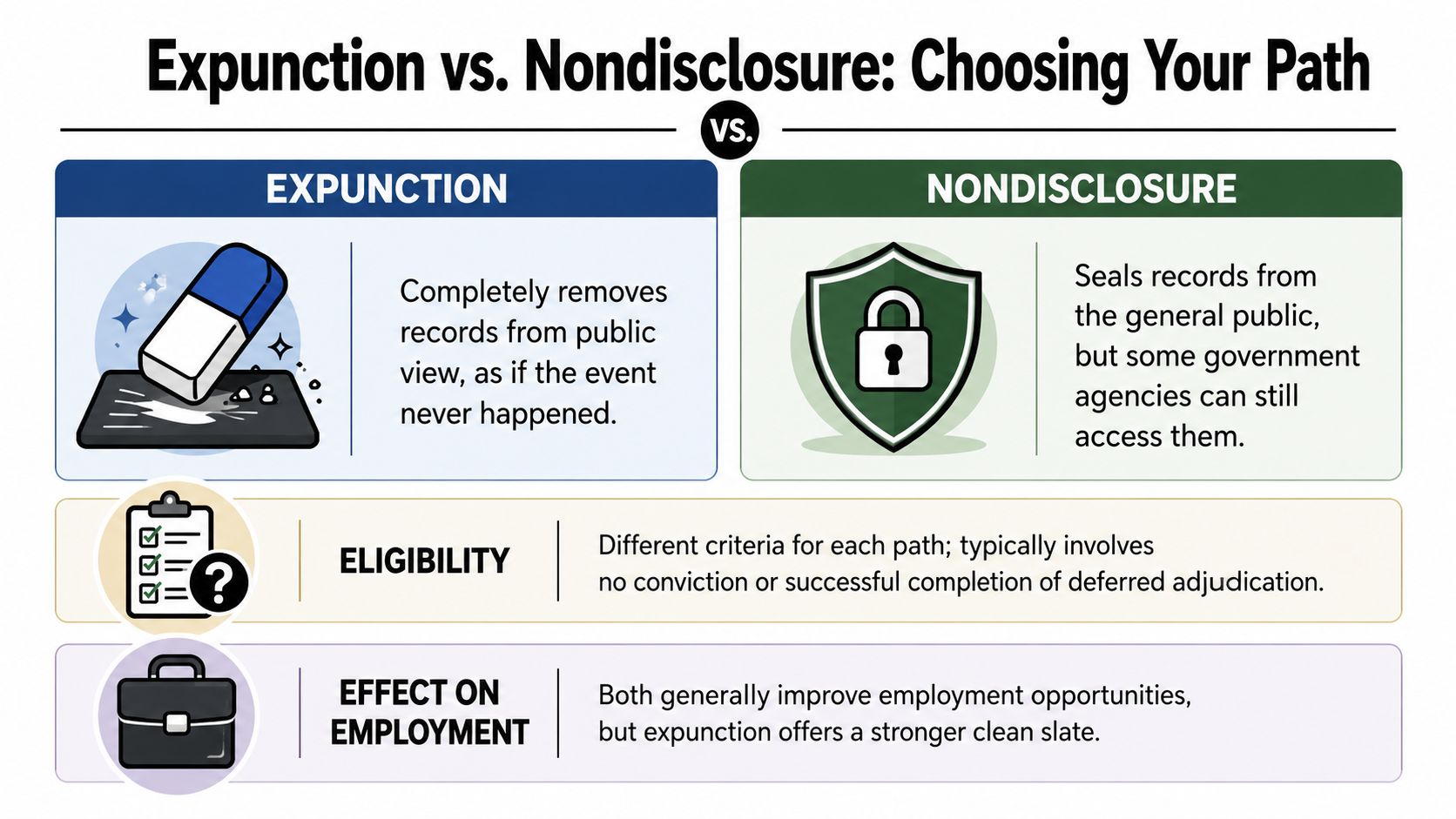 A comparison chart explaining the differences between expunction and nondisclosure for clearing criminal records.