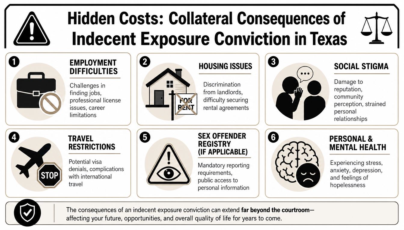 An infographic detailing the various social and legal collateral consequences of an indecent exposure conviction in Texas.