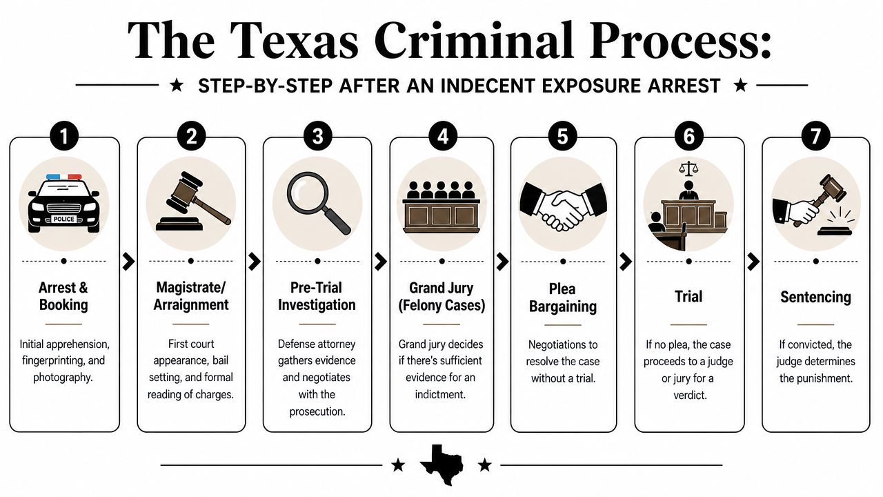 A seven-step infographic detailing the Texas criminal process following an indecent exposure arrest, from booking to sentencing.