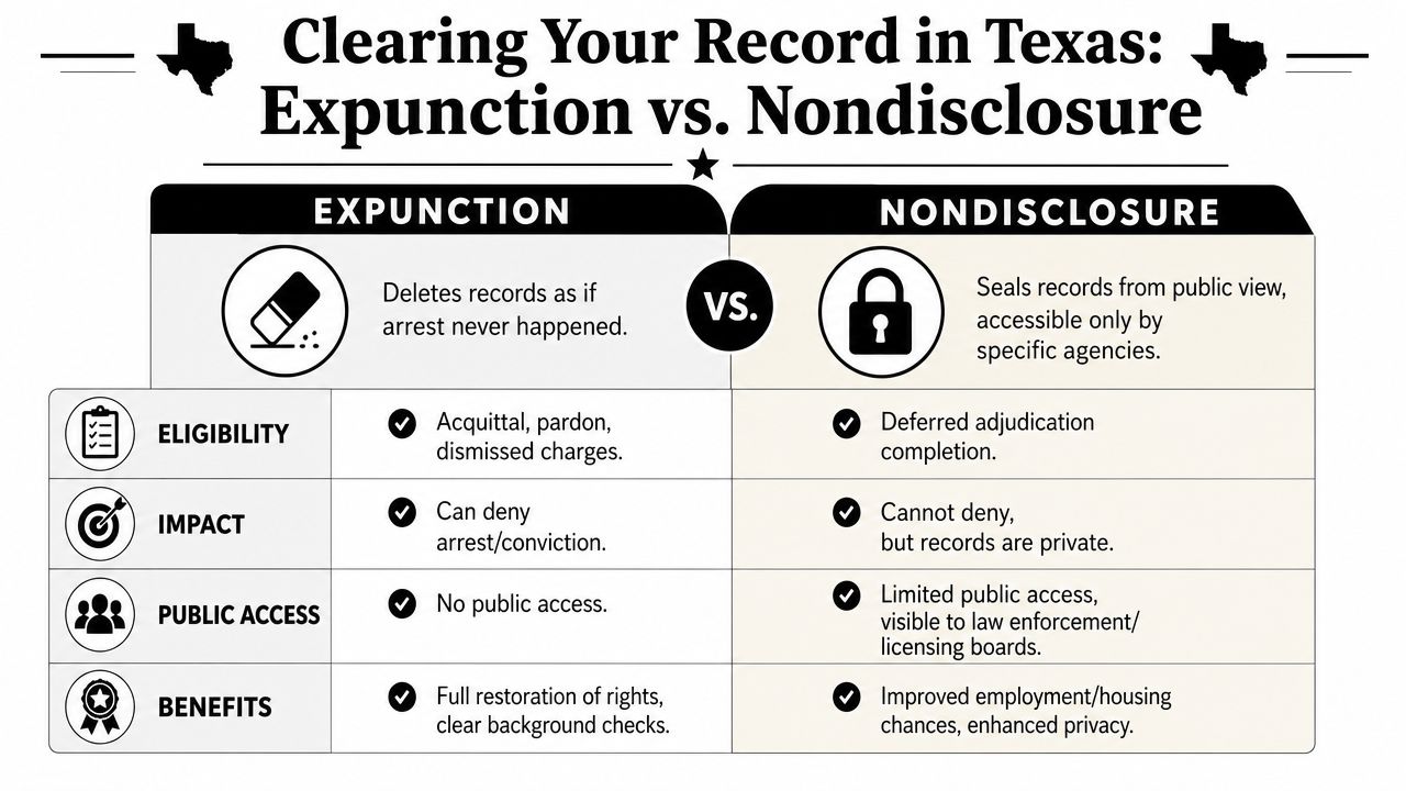 A comparison chart explaining the differences between expunction and nondisclosure for clearing criminal records in Texas.