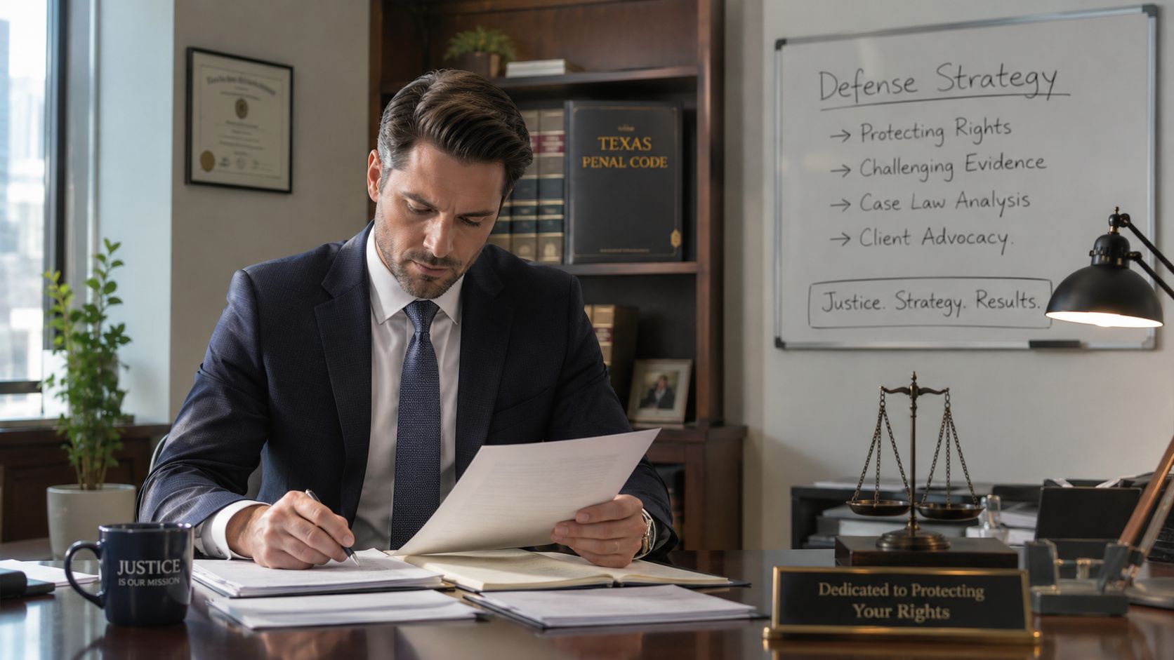 A professional attorney sitting at his desk reviewing legal documents in a law firm office.