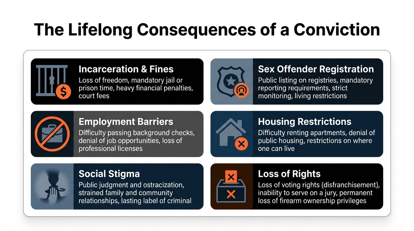 An infographic detailing the long-term legal, social, and economic consequences individuals face after a criminal conviction.