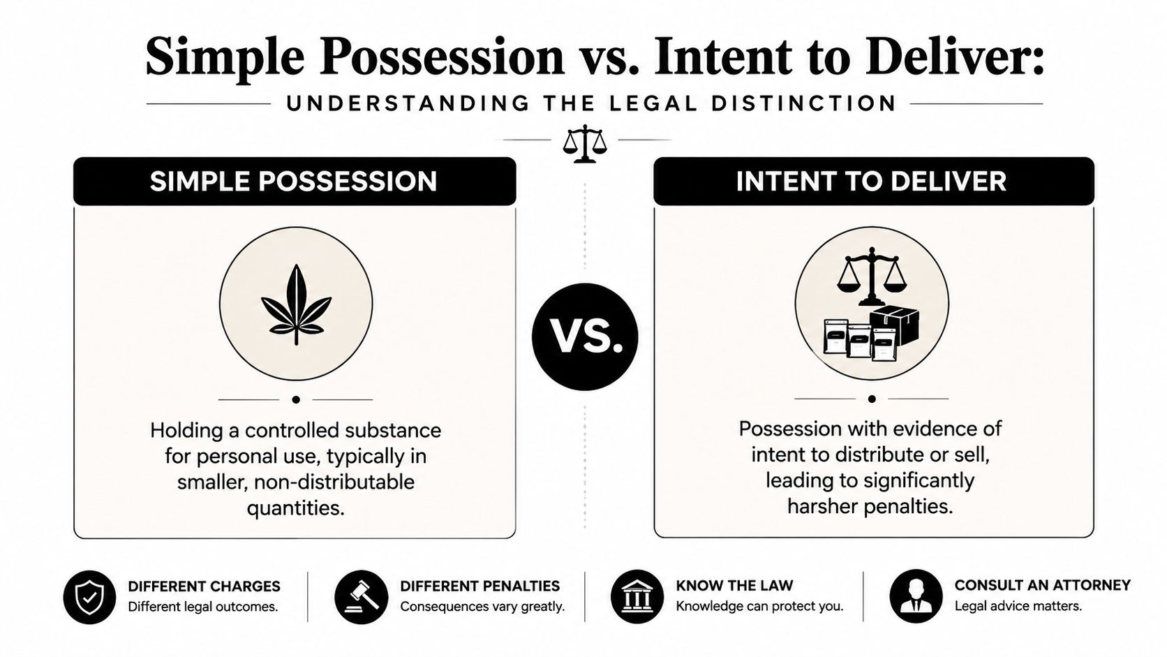 A legal infographic explaining the differences between simple possession and intent to deliver controlled substances charges.
