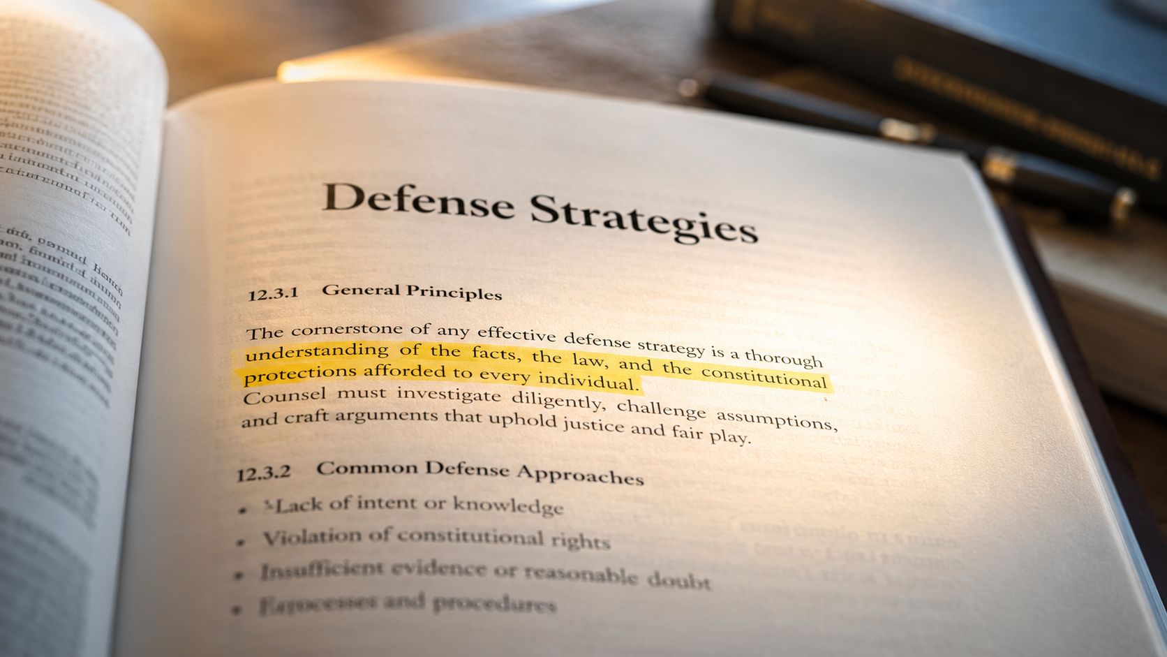 An open textbook page titled Defense Strategies with highlighted text about legal principles and defense approaches.