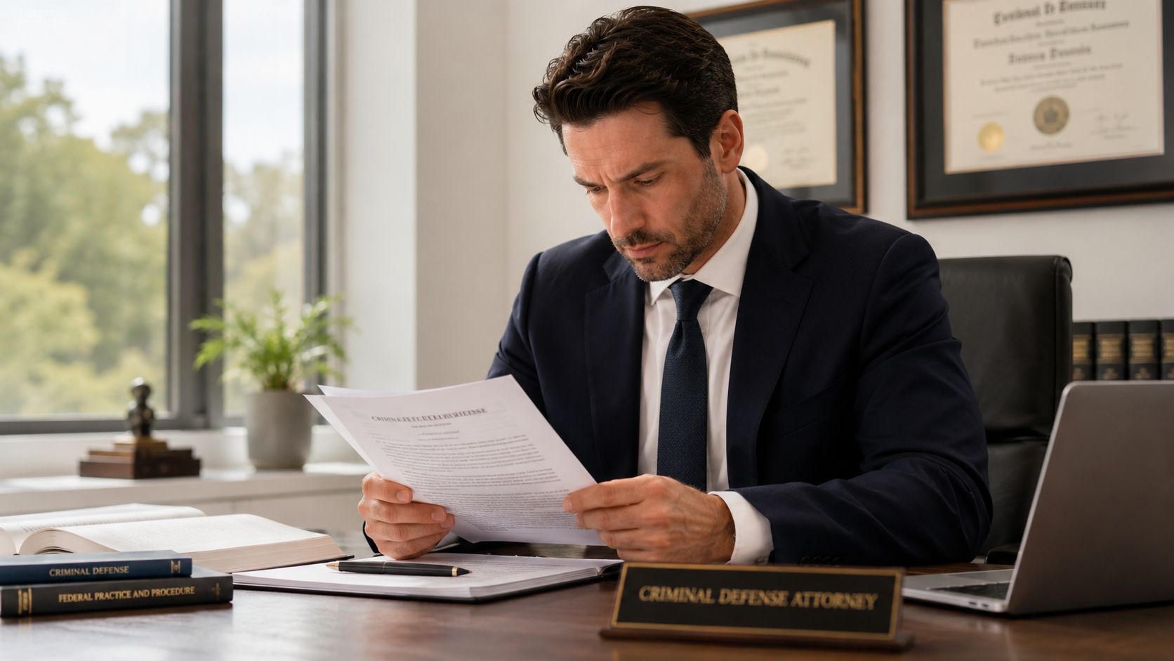 A professional male criminal defense attorney in a suit reviews legal documents at his office desk.
