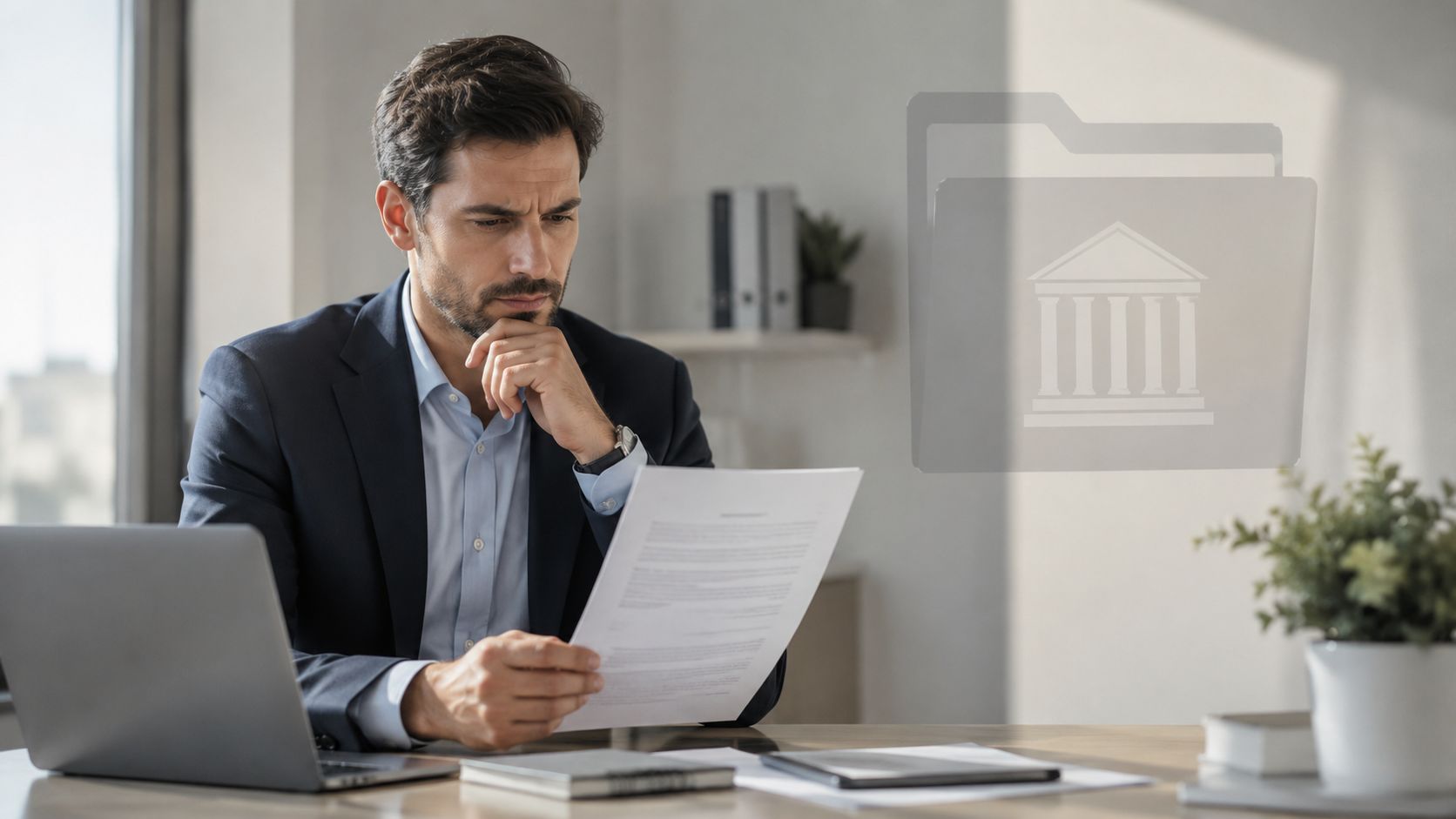 A professional man in a business suit reviewing legal documents at his desk in an office.